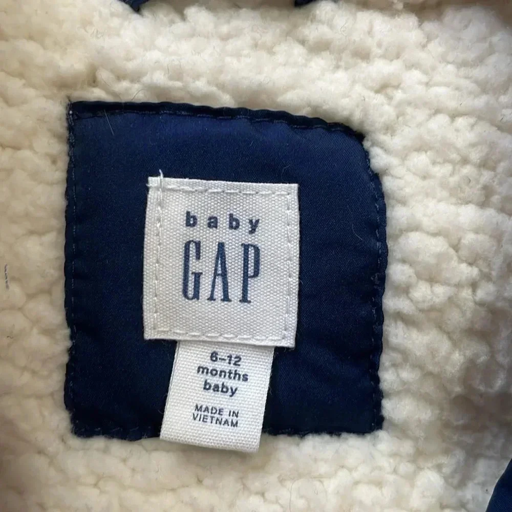 Baby Gap puffer vest jacket Sherpa lined Full zip Navy & Gray Size 6-12 mos